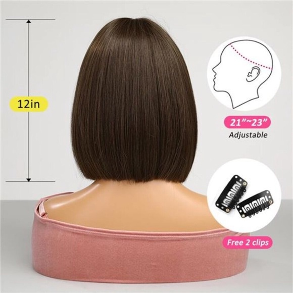 Brown Bob Wigs for Women Short Straight Wig with Bangs Synthetic Hair Heat main image 5